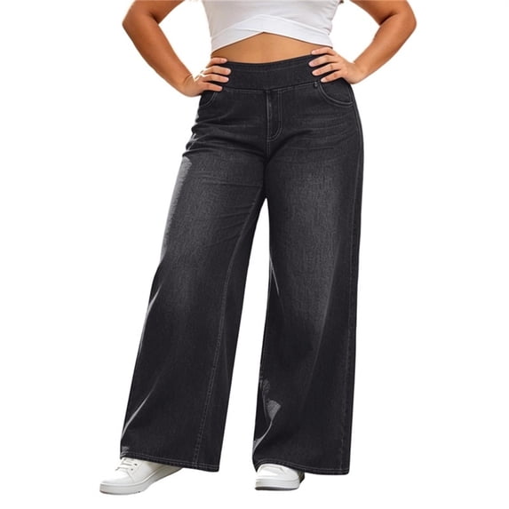 MYAOYI Womens Pull On Wide Leg Jeans Elastic High Waist Denim Pants
