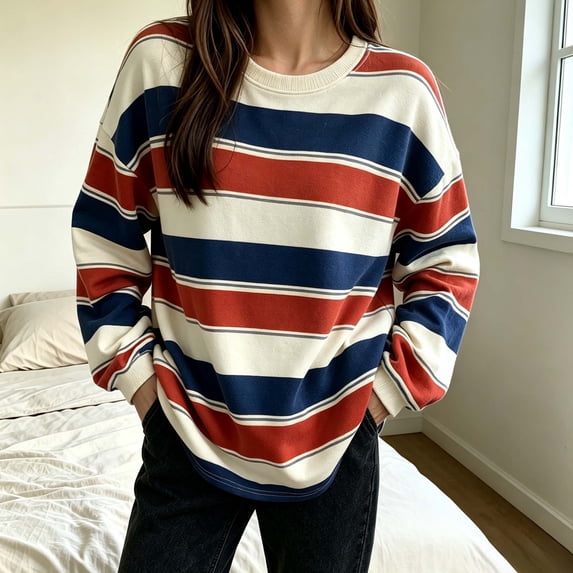 MYAOYI Womens Relaxed Fit Striped Long Sleeve Shirt Crew Neck Flowy Tunic