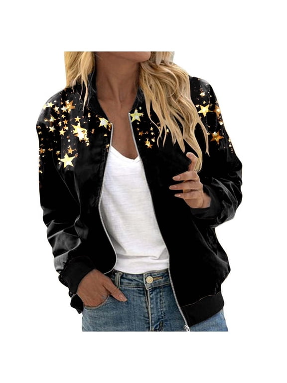 Womens Sequin Bomber Jacket Zip Up Sparkly