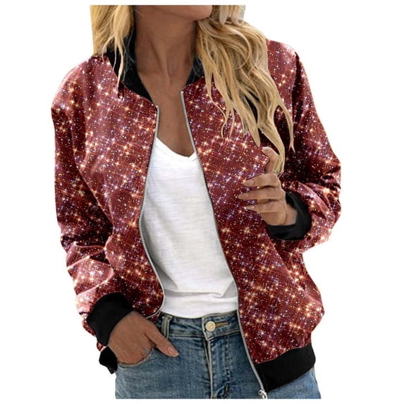 MYAOYI Womens Sequin Bomber Jacket Zip Up Sparkly