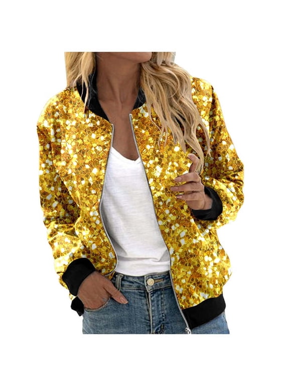 Womens Sequin Bomber Jacket Zip Up Sparkly