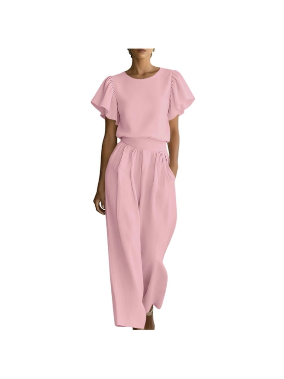 Womens Sets Casual Work Office Outfits 2 Piece Sets Ruffle Sleeve Top High Waist Wide Leg Pants with Pockets