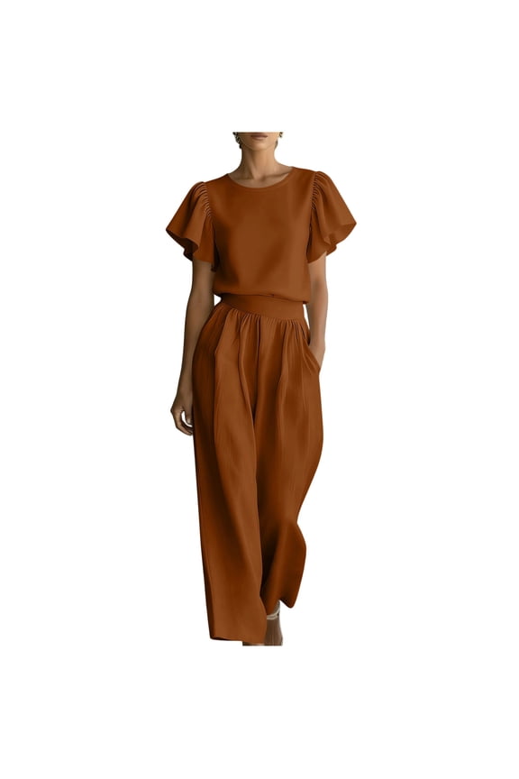 Womens Sets Casual Work Office Outfits 2 Piece Sets Ruffle Sleeve Top High Waist Wide Leg Pants with Pockets