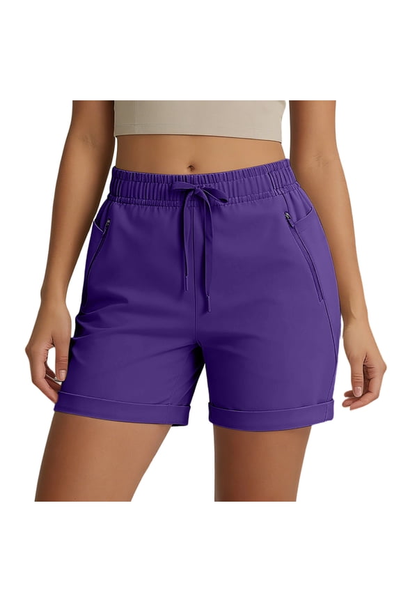 Womens Shorts Elastic Waist Drawstring Zipper Pockets Cuffed Hem Stretchy Summer Casual Shorts