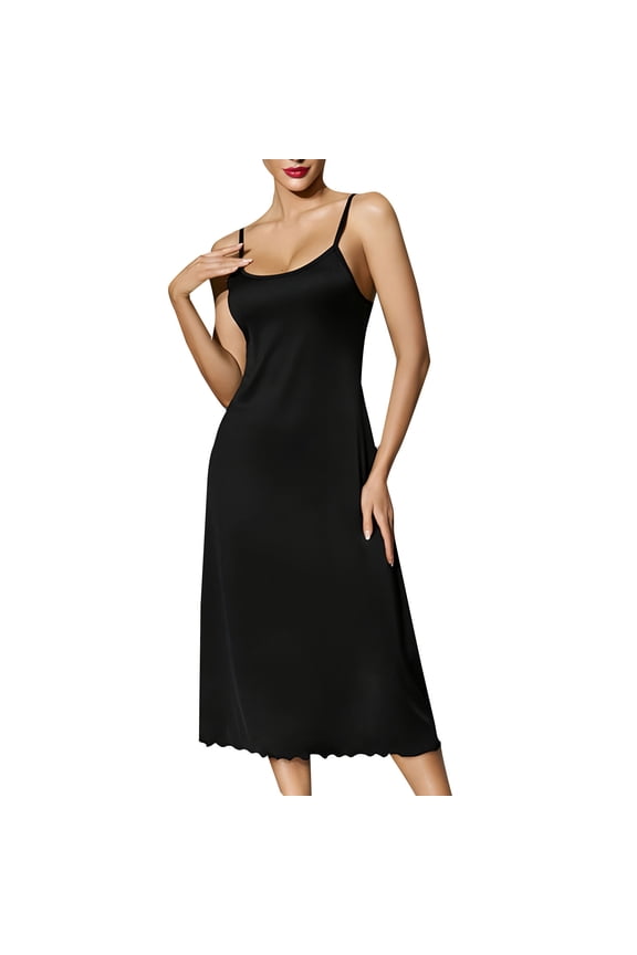 Womens Sleepwear Satin Chemise Nightgown, Spaghetti Strap Midi Sleep Dress