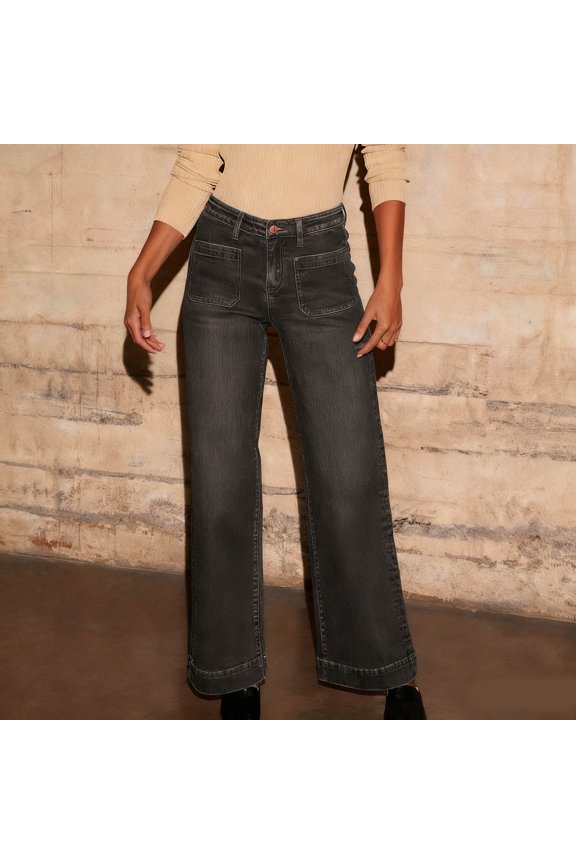 Womens Solid Color High Waisted Straight Leg Straight Leg Jeans Long Pants with Pocket
