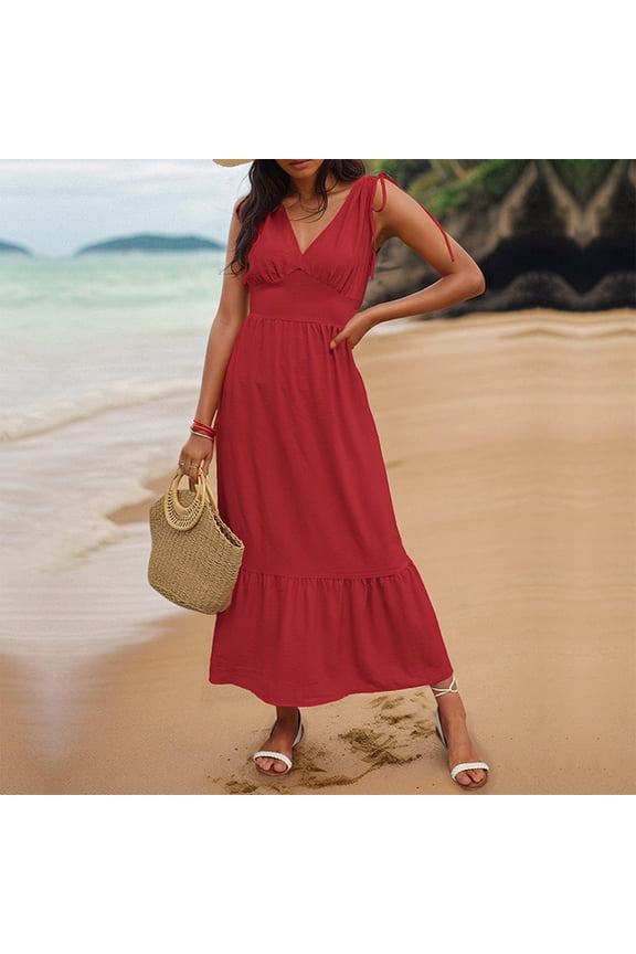 Womens Summer Dress Spaghetti Strap Long Flowy V Neck Beach Tie Strap Smocked Long Dresses Pleated Sundress