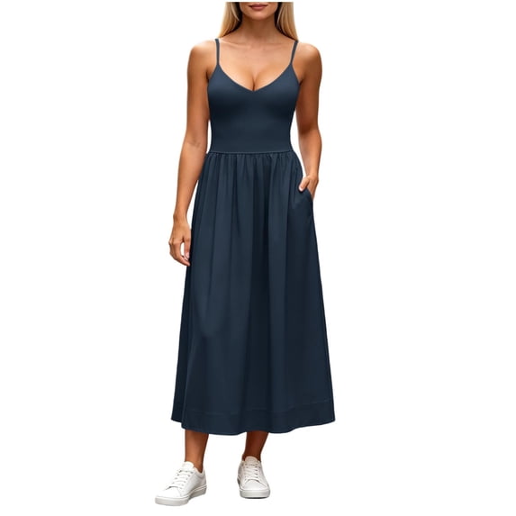 MYAOYI Womens Summer Fashion Solid Color Loose V-neck Three-Quarter 3/4 Sleeve Double Pocket Dress