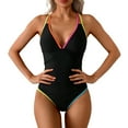 thumbnail image 1 of MYAOYI Womens Swimsuit Contrast Neon Trim V Neck One Piece Swimsuit Tummy Control Slim Fit Bathing Suit, 1 of 7