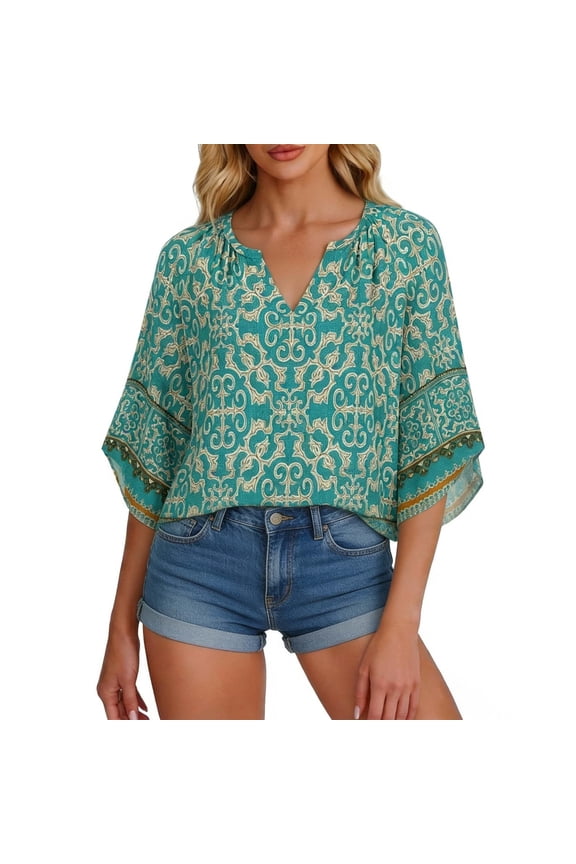 Womens Teal Baroque Blouse, Dolman Sleeve Summer Casual Top