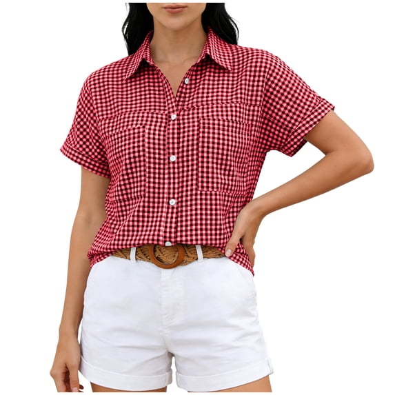 MYAOYI Womens Tops Gingham Checkered Short Sleeve Shirts, Button Down with Pockets