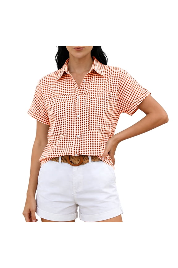 Womens Tops Gingham Checkered Short Sleeve Shirts, Button Down with Pockets