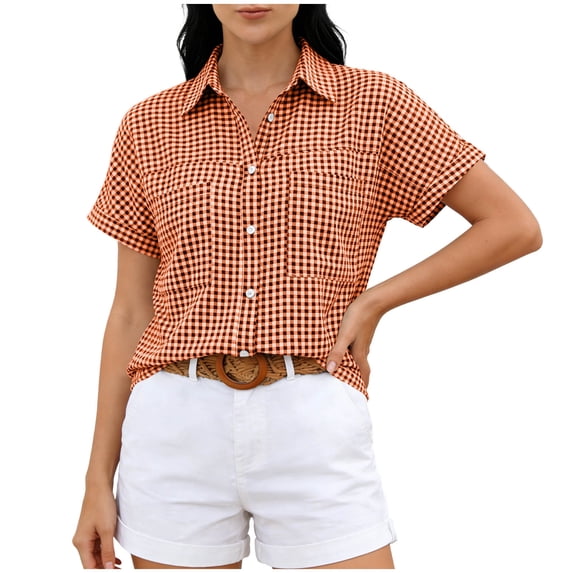 MYAOYI Womens Tops Gingham Checkered Short Sleeve Shirts, Button Down with Pockets