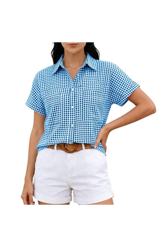 Womens Tops Gingham Checkered Short Sleeve Shirts, Button Down with Pockets