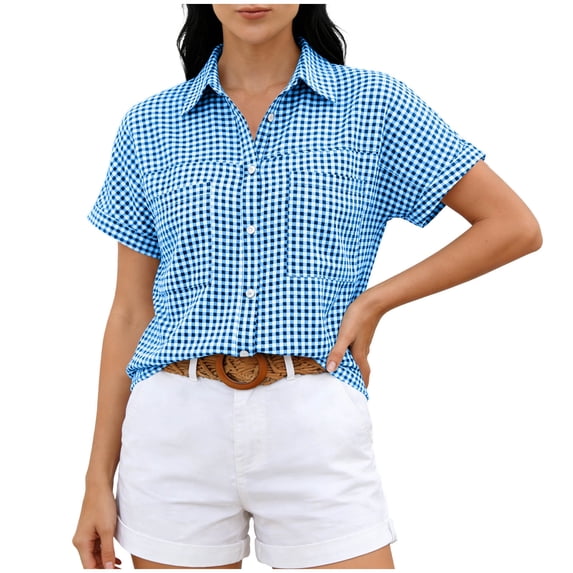 MYAOYI Womens Tops Gingham Checkered Short Sleeve Shirts, Button Down with Pockets