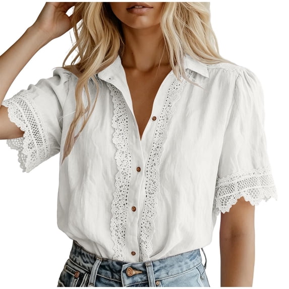 MYAOYI Womens Tops Lace Trim Short Sleeve Blouse Casual Button Down Collared Summer Top