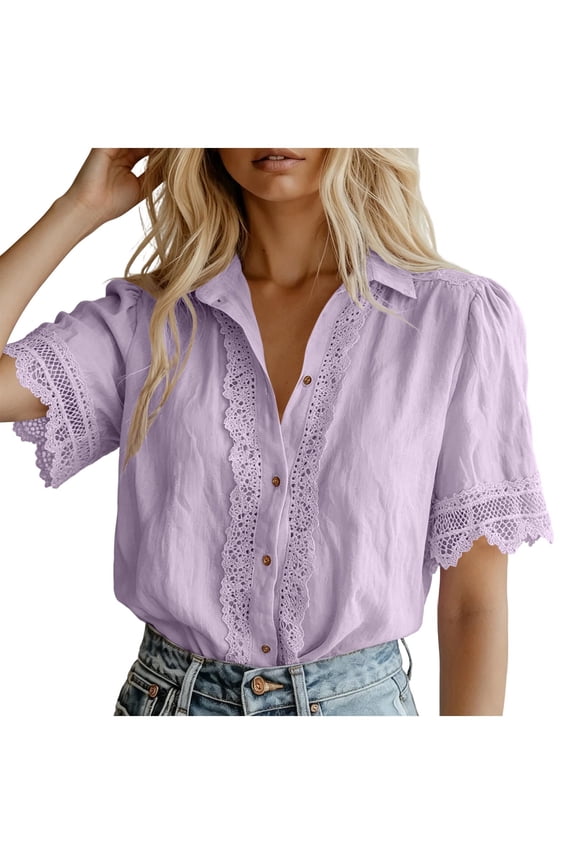 Womens Tops Lace Trim Short Sleeve Blouse Casual Button Down Collared Summer Top