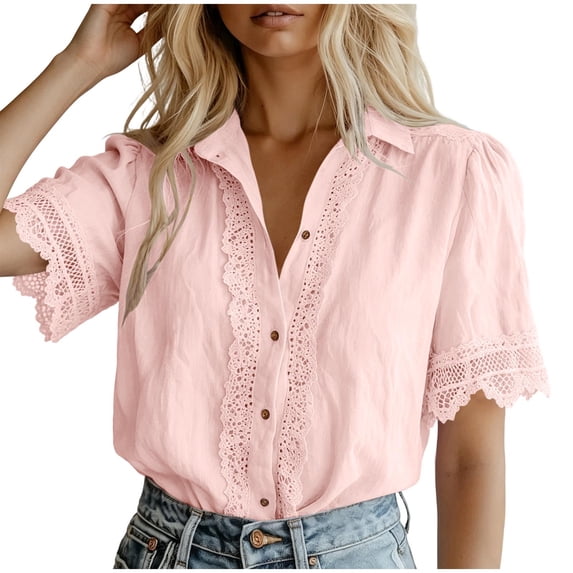 MYAOYI Womens Tops Lace Trim Short Sleeve Blouse Casual Button Down Collared Summer Top