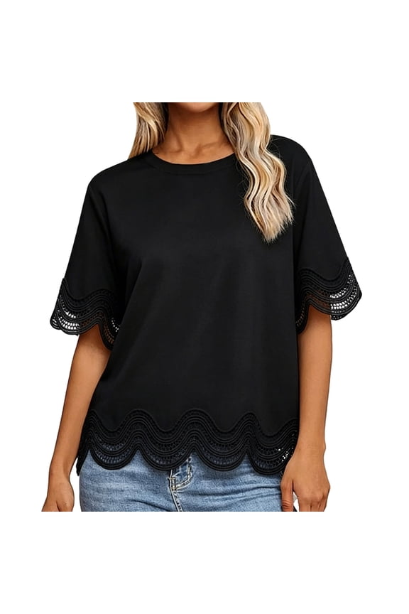 Womens Tops Scalloped Lace Trim Crop Top Short Sleeve Crew Neck Slim Fit Summer Casual Going Out Top