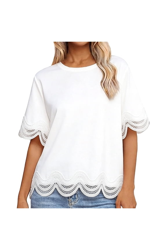 Womens Tops Scalloped Lace Trim Crop Top Short Sleeve Crew Neck Slim Fit Summer Casual Going Out Top