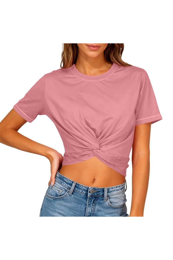 Womens Tops Twist Front Tee T-Shirt Short Sleeve Round Neck Summer Sexy with a navel-baring twist design Causal Shirt