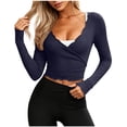 thumbnail image 1 of MYAOYI Womens Tops Wrap Front Long Sleeve Crop Top Scallop Trim V Neck Ribbed Knit Fitted Casual Tops, 1 of 4