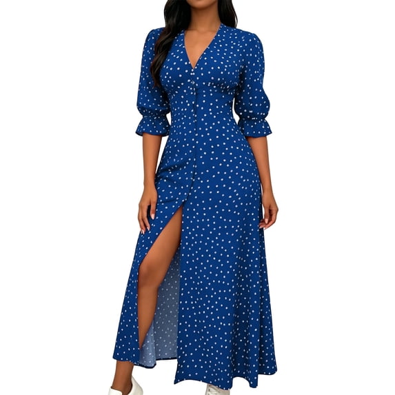 MYAOYI Womens V Neck Button Down Maxi Dress Polka Dot High Split Puff Sleeve