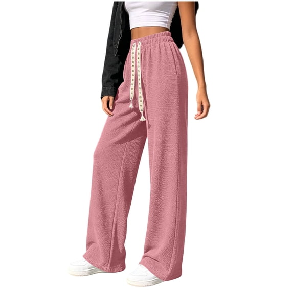 MYAOYI Womens Versatile Solid Wide Leg Pants - Relaxed Drawstring Everyday Bottoms