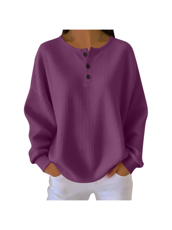Womens Waffle Knit Sweatshirt Henley Button Down