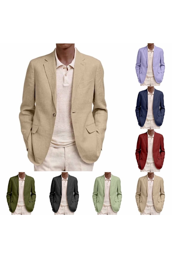 Chap Mens Single Button Linen Blazer Notched Lapel with Pockets Casual Business Jacket