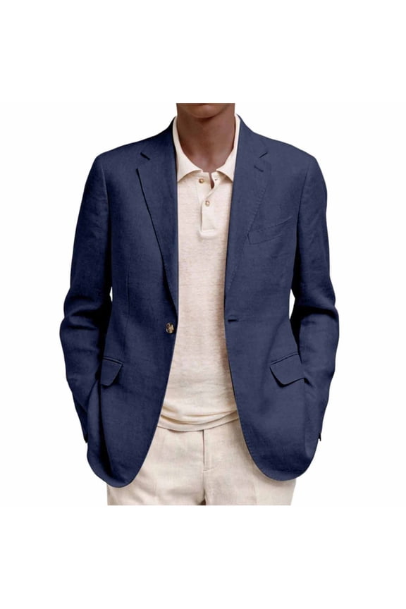 Chap Mens Single Button Linen Blazer Notched Lapel with Pockets Casual Business Jacket
