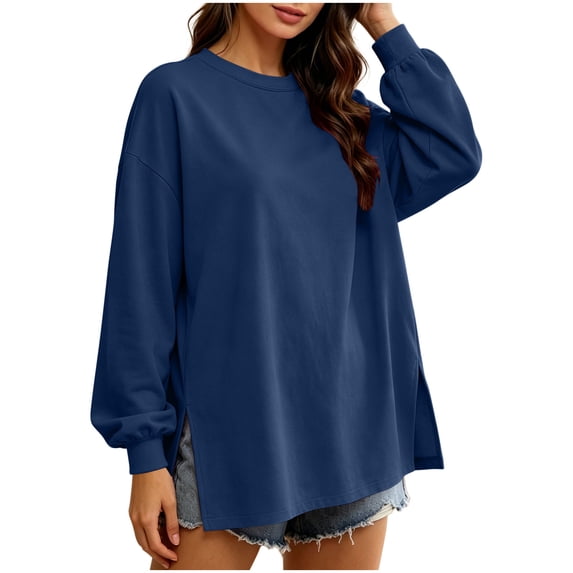 MYAOYINo Boundaries Cozy Oversized Long Sleeve Tee Women's Side Split Crew Neck Tunic Sweatshirt