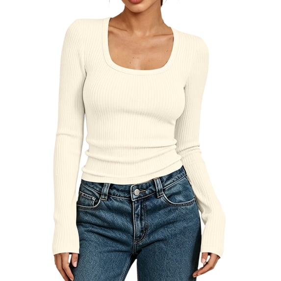 MYAOYINo Boundaries Ladies Long Sleeve Ribbed Tee Scoop Neck Slim Fit Casual Top