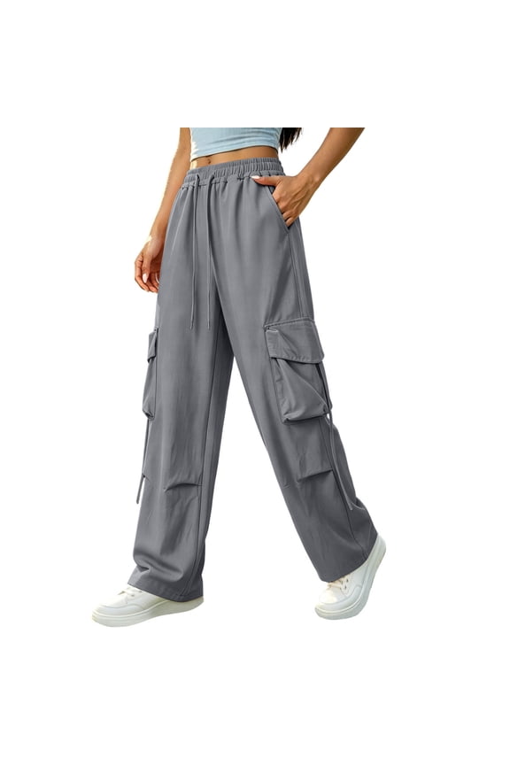 No Boundaries Wide Leg Cargo Pants for Women Drawstring Elastic Waist Loose Fit Casual Trousers