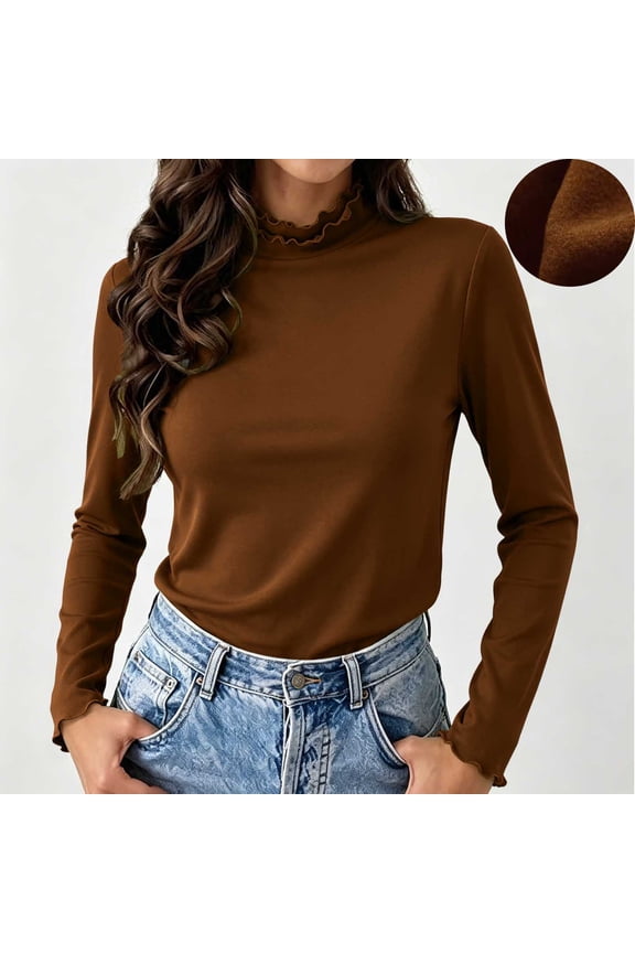 No Boundaries Womens Basic Ruffle Mock Neck Tee Long Sleeve Stretch Shirt