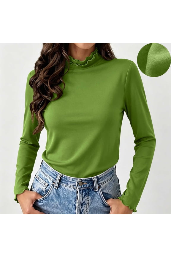 No Boundaries Womens Basic Ruffle Mock Neck Tee Long Sleeve Stretch Shirt