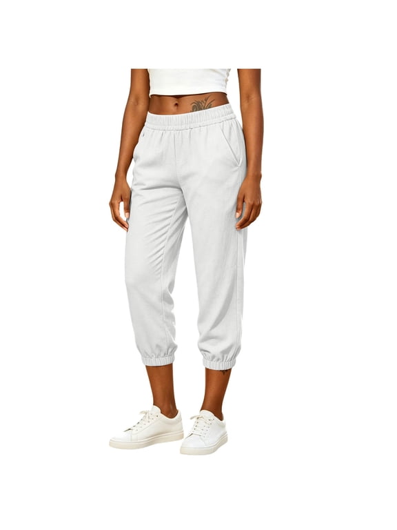 No Boundaries Womens Cropped Cuffed Pants Elastic Waist Casual Lounge Pants