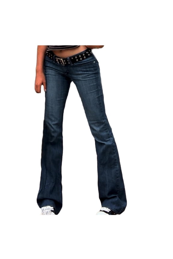 No Boundaries Womens Dark Wash Low Rise Jeans Y2K Retro Slim Fit Floor Length Flare Pants
