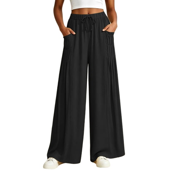 MYAOYINo Boundaries Womens Drawstring Wide Leg Pants Ruched Side Pockets Casual Lounge Trousers