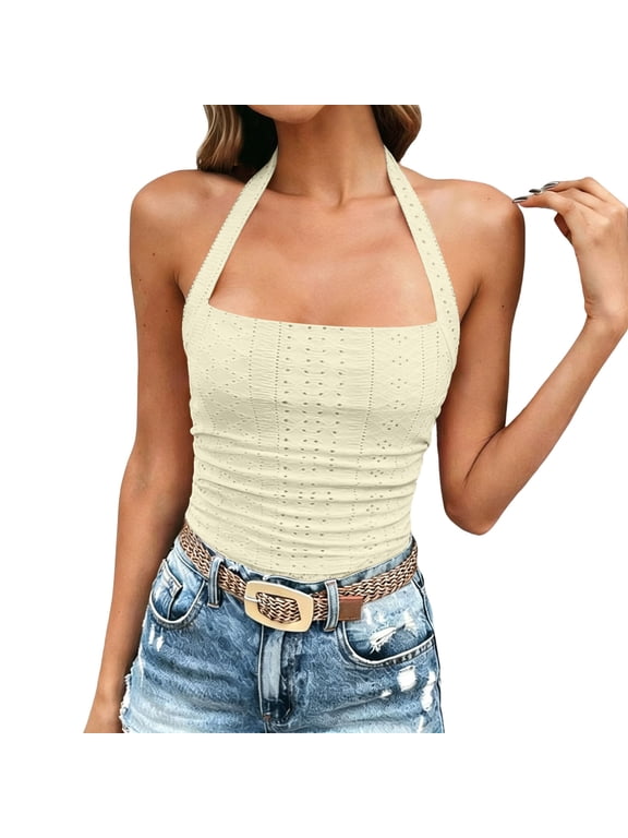 No Boundaries Womens Halter Neck Tank Top Eyelet Knit Fitted Sleeveless Summer Casual Top