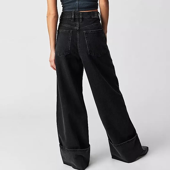 MYAOYINo Boundaries Womens High Waisted Wide Leg Jeans Cuffed Hem Vintage Washed Baggy Denim Pants