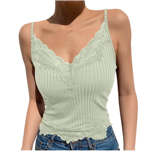 MYAOYINo Boundaries Womens Lace Trim Cami Ribbed Spaghetti Strap V-Neck Tank Top