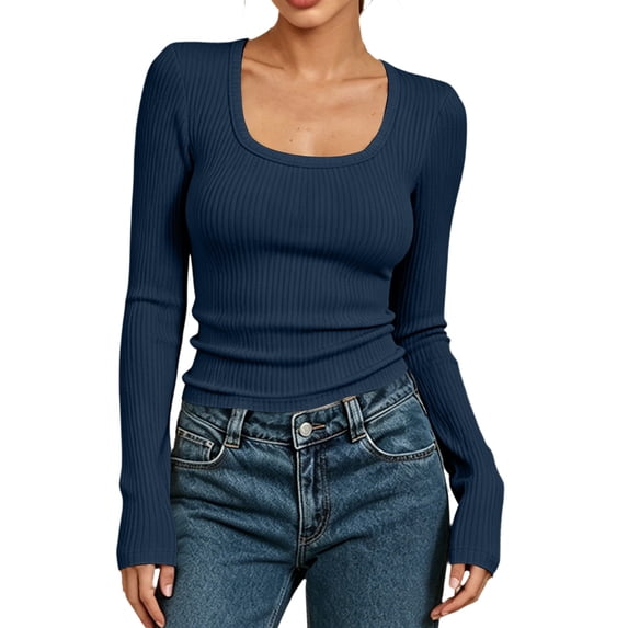 MYAOYINo Boundaries Womens Long Sleeve Ribbed Top with Square Neck Casual Wear