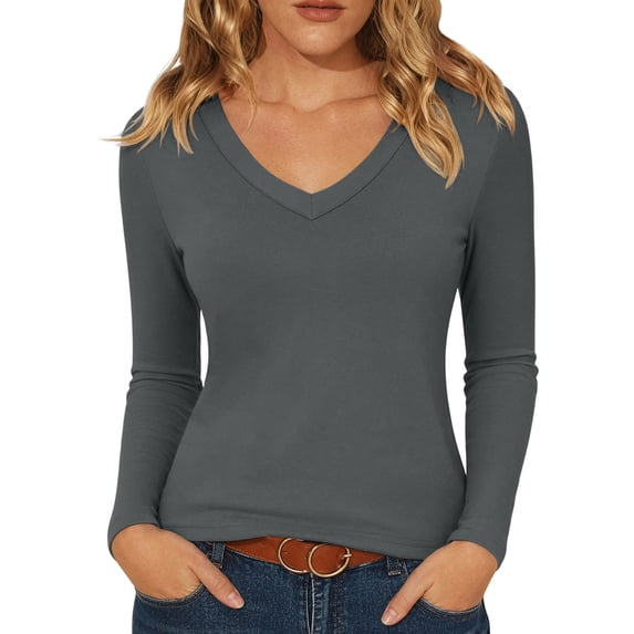 MYAOYINo Boundaries Womens Long Sleeve V Neck Top Solid Color Fitted T Shirt