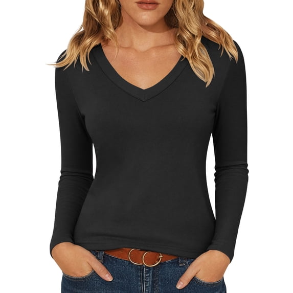 MYAOYINo Boundaries Womens Long Sleeve V Neck Top Solid Color Fitted T Shirt