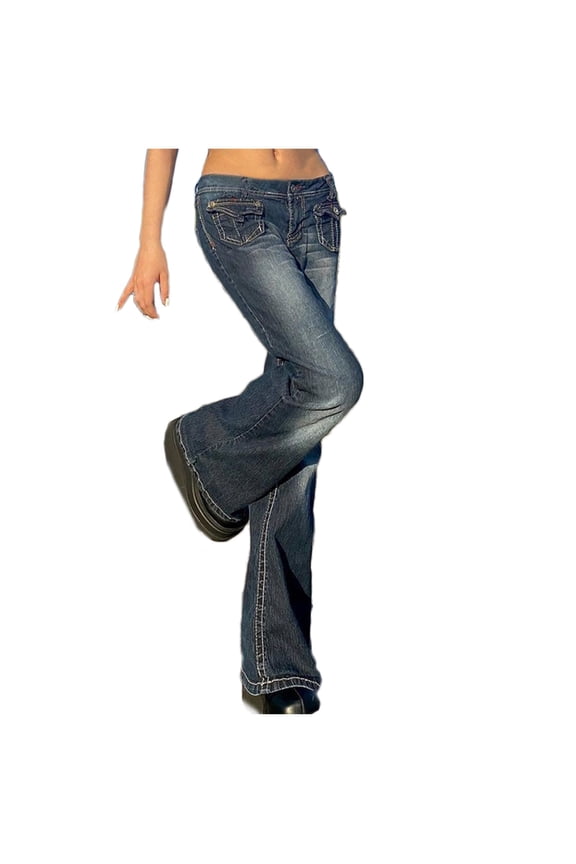 No Boundaries Womens Pants Flap Pocket Low Rise Jeans Y2K Retro Washed Flare Bell Bottom