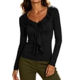 thumbnail image 1 of MYAOYINo Boundaries Womens Ruffle Front Long Sleeve Top V Neck Fitted Slim Fit Blouse, 1 of 9