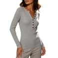 thumbnail image 1 of MYAOYINo Boundaries Womens Slim Fit Long Sleeve Tops Button Down V Neck Ribbed Tee Shirt, 1 of 8