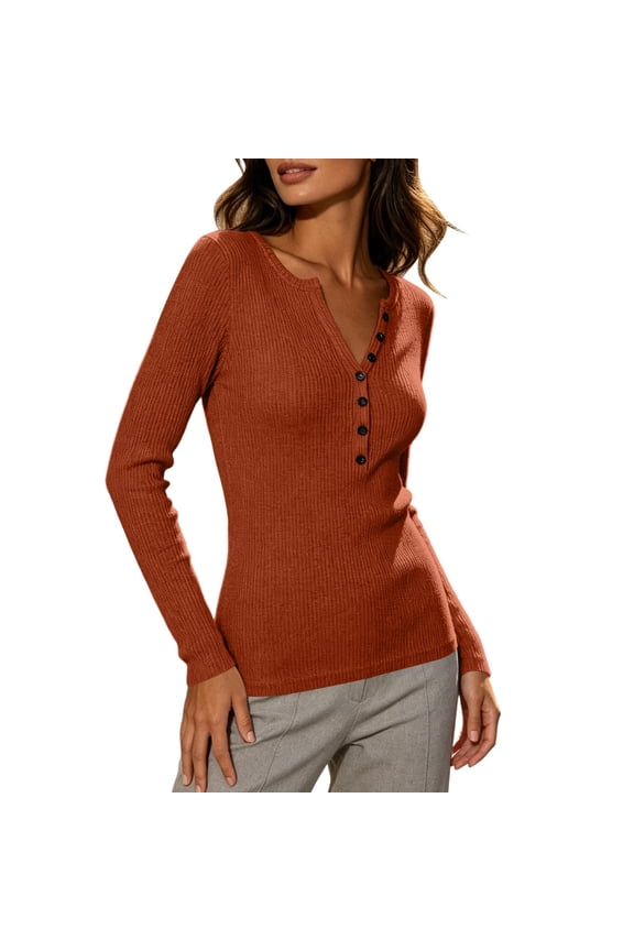 No Boundaries Womens Slim Fit Long Sleeve Tops Button Down V Neck Ribbed Tee Shirt