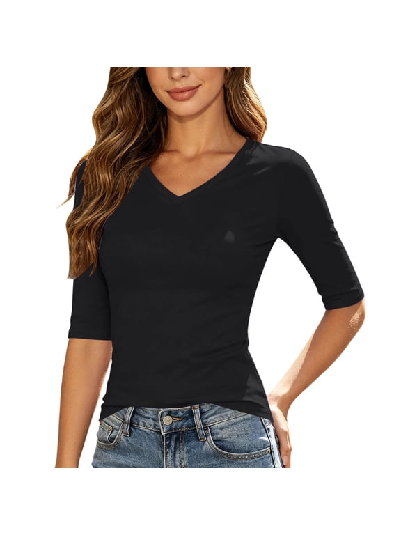 Boundaries Womens V Neck 3/4 Sleeve T Shirt Fitted Basic Solid Casual Top